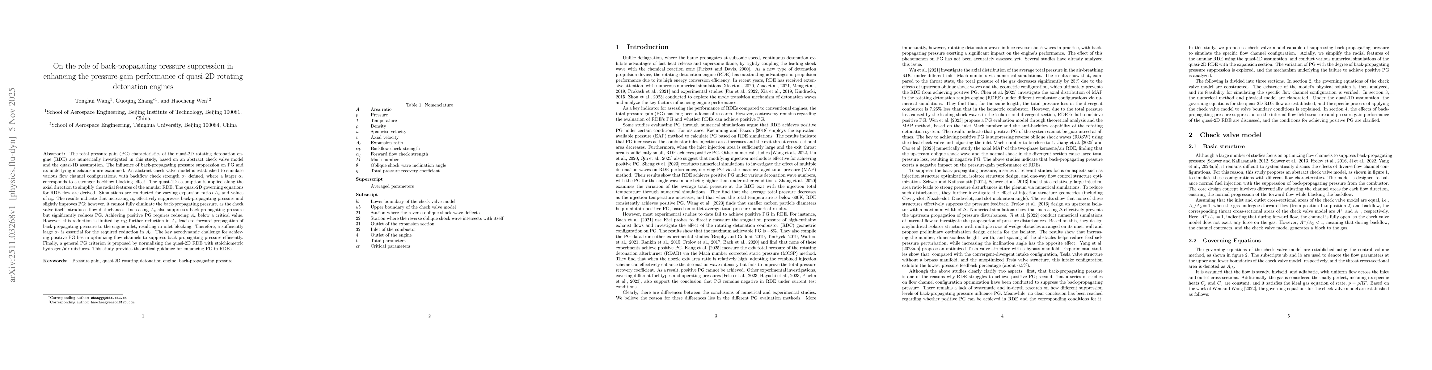 Thumbnail for On the role of back-propagating pressure suppression in enhancing the pressure-gain performance of quasi-2D rotating detonation engines