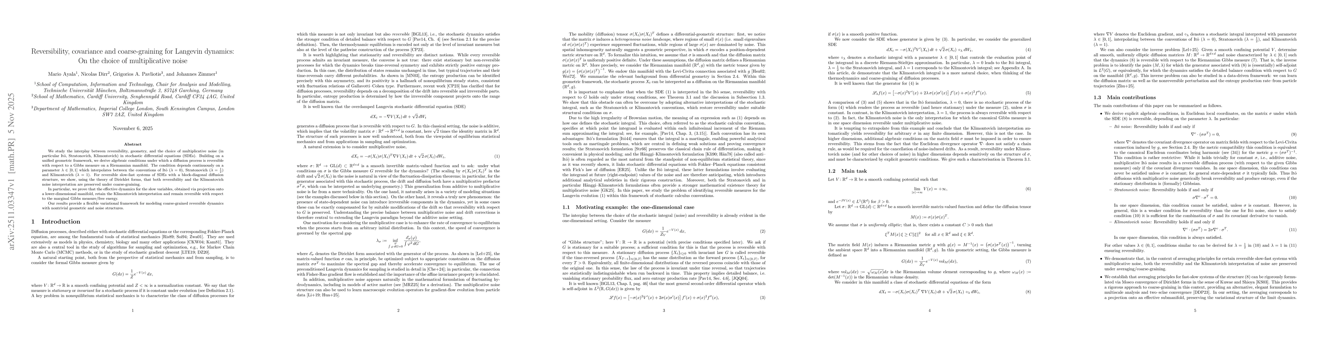 Thumbnail for Reversibility, covariance and coarse-graining for Langevin dynamics: On the choice of multiplicative noise