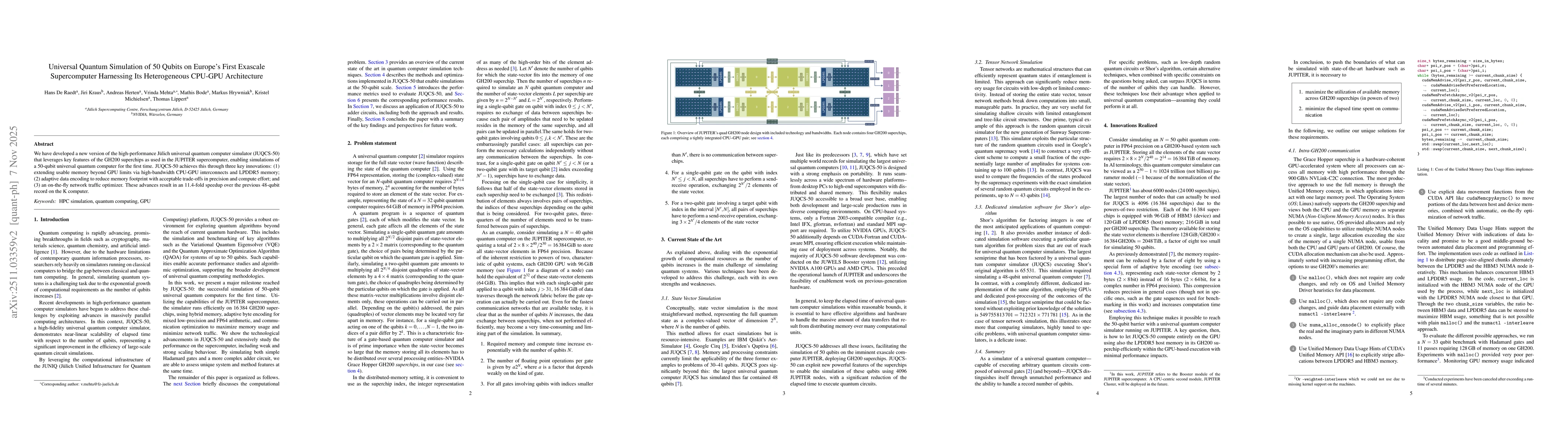 Thumbnail for Universal Quantum Simulation of 50 Qubits on Europe`s First Exascale Supercomputer Harnessing Its Heterogeneous CPU-GPU Architecture