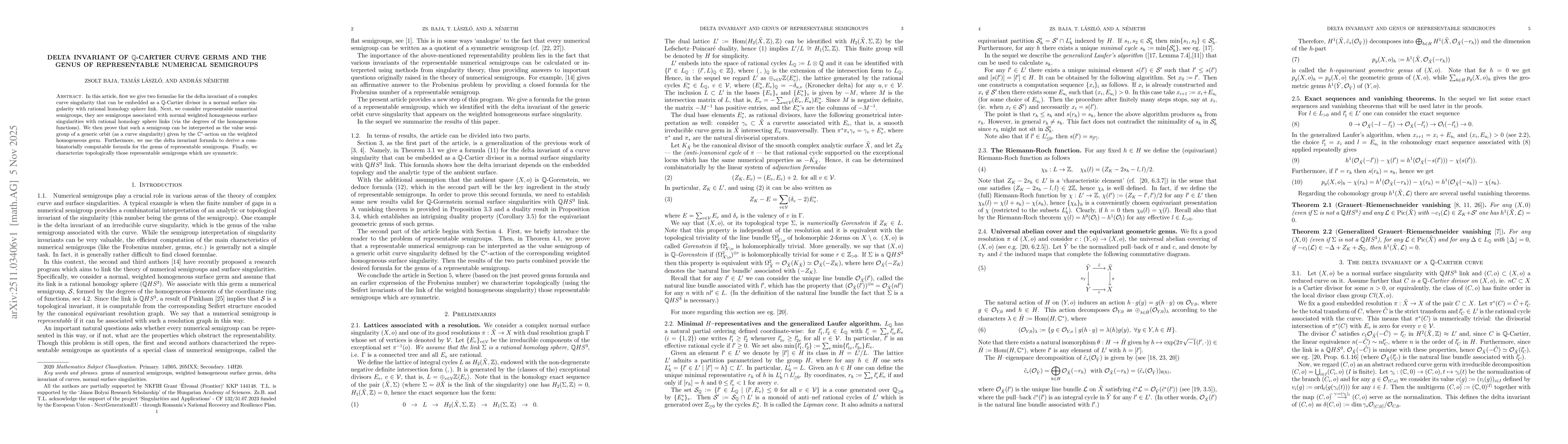 Thumbnail for Delta invariant of $\mathbb{Q}$-Cartier curve germs and the genus of representable numerical semigroups