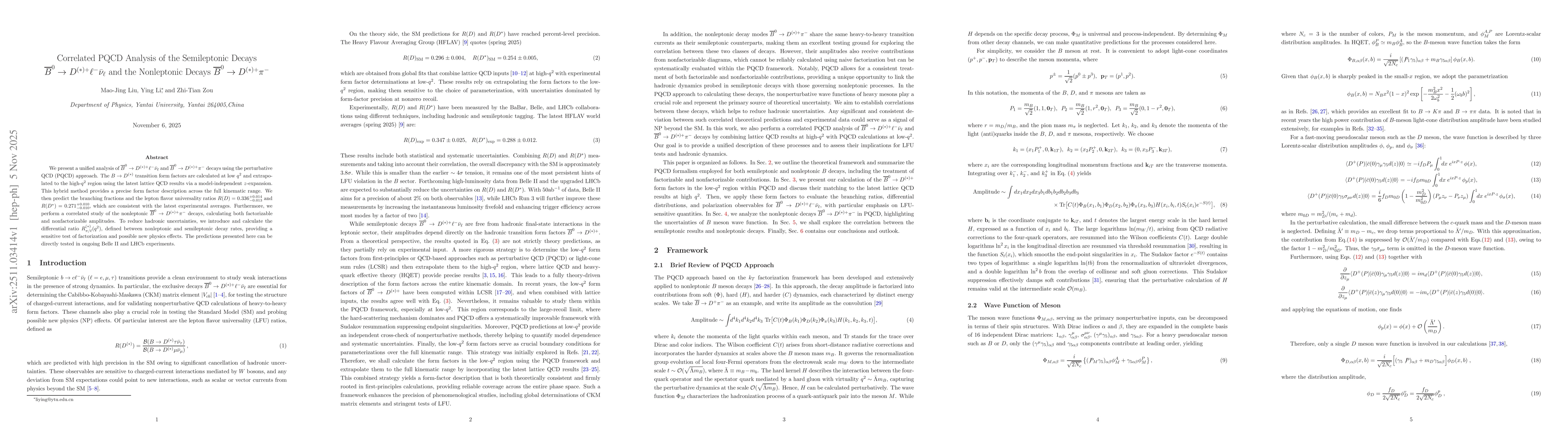 Thumbnail for Correlated PQCD Analysis of the Semileptonic Decays $\overline{B}^0 \to D^{(*)+}\ell^-\barν_\ell$ and the Nonleptonic Decays $ \overline{B}^0 \to D^{(*)+}π^-$