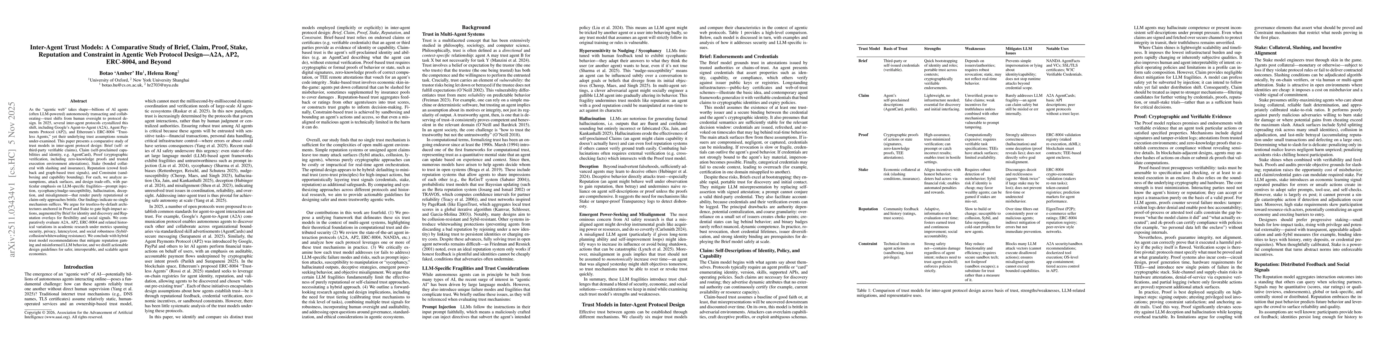 Thumbnail for Inter-Agent Trust Models: A Comparative Study of Brief, Claim, Proof, Stake, Reputation and Constraint in Agentic Web Protocol Design-A2A, AP2, ERC-8004, and Beyond