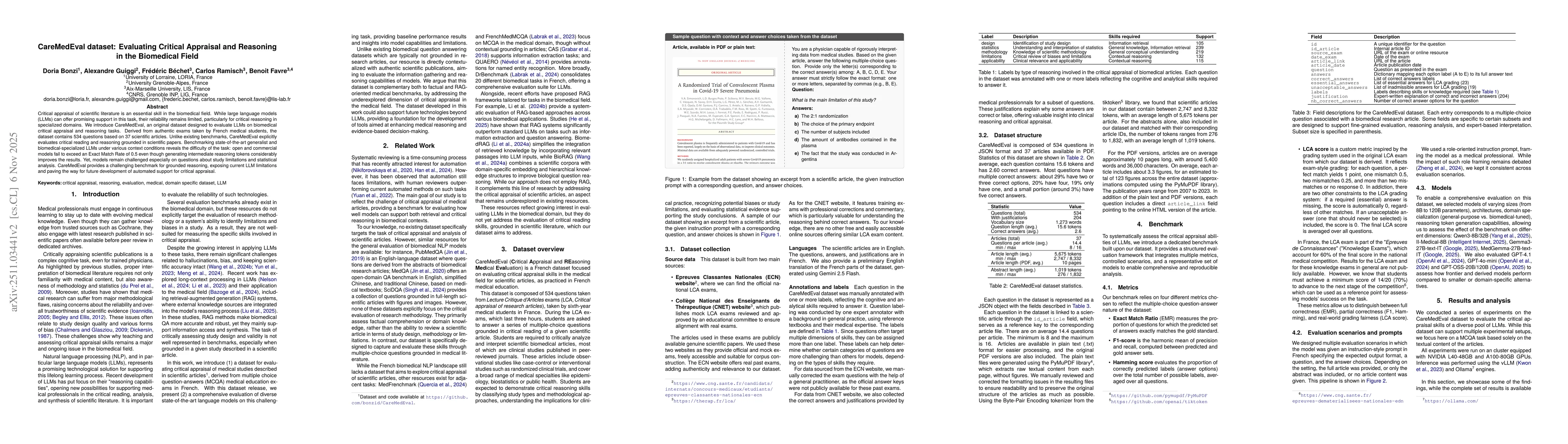 Thumbnail for CareMedEval dataset: Evaluating Critical Appraisal and Reasoning in the Biomedical Field