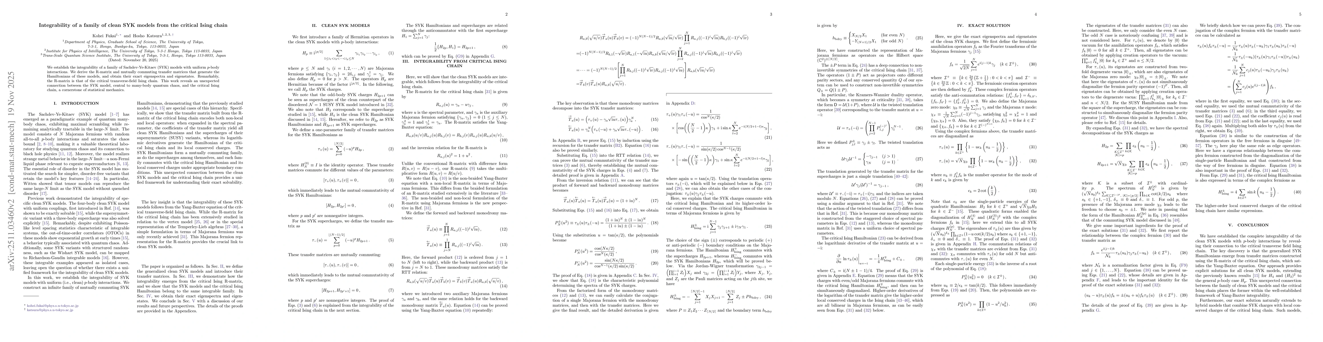 Thumbnail for Integrability of a family of clean SYK models from the critical Ising chain