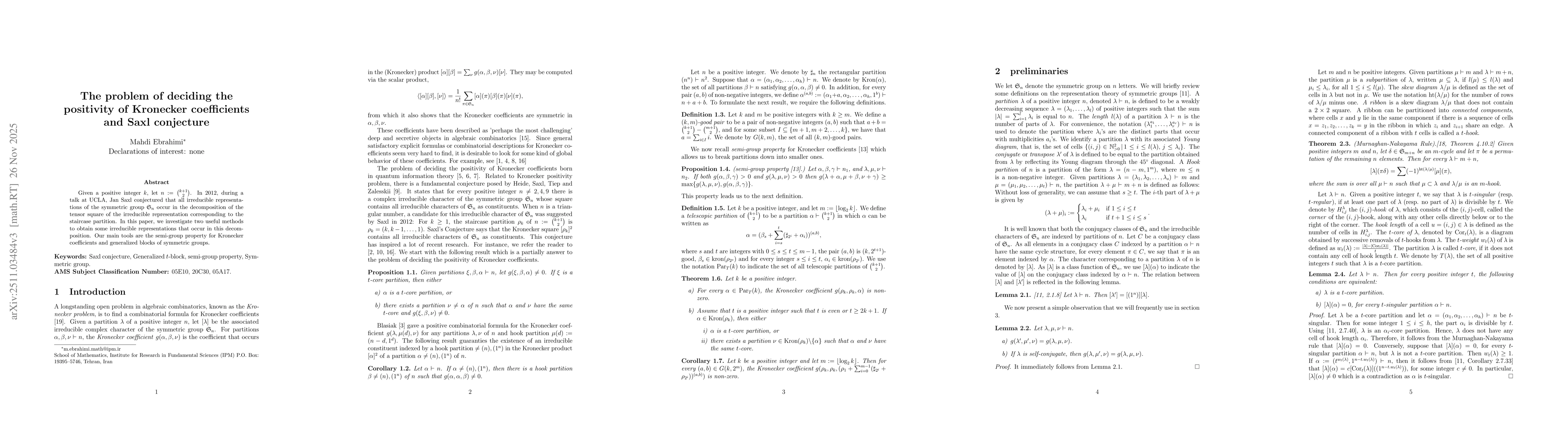 Thumbnail for The problem of deciding the positivity of Kronecker coefficients and Saxl conjecture