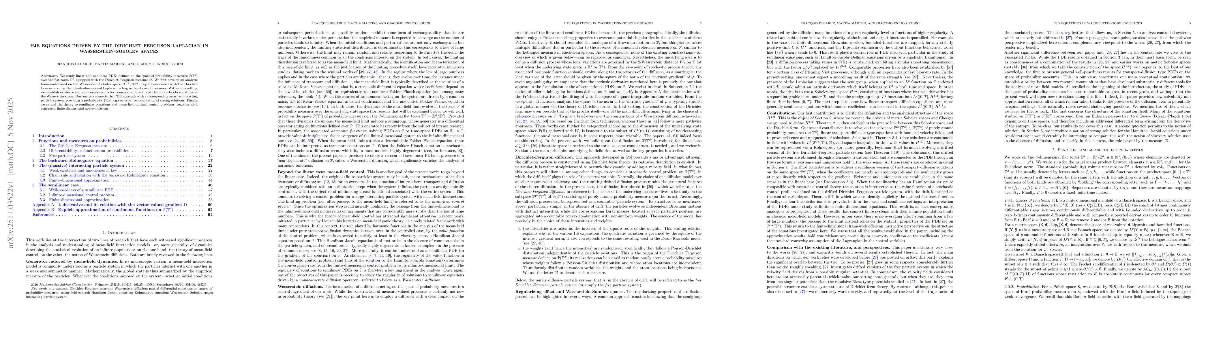 Thumbnail for HJB equations driven by the Dirichlet-Ferguson Laplacian in Wasserstein-Sobolev spaces