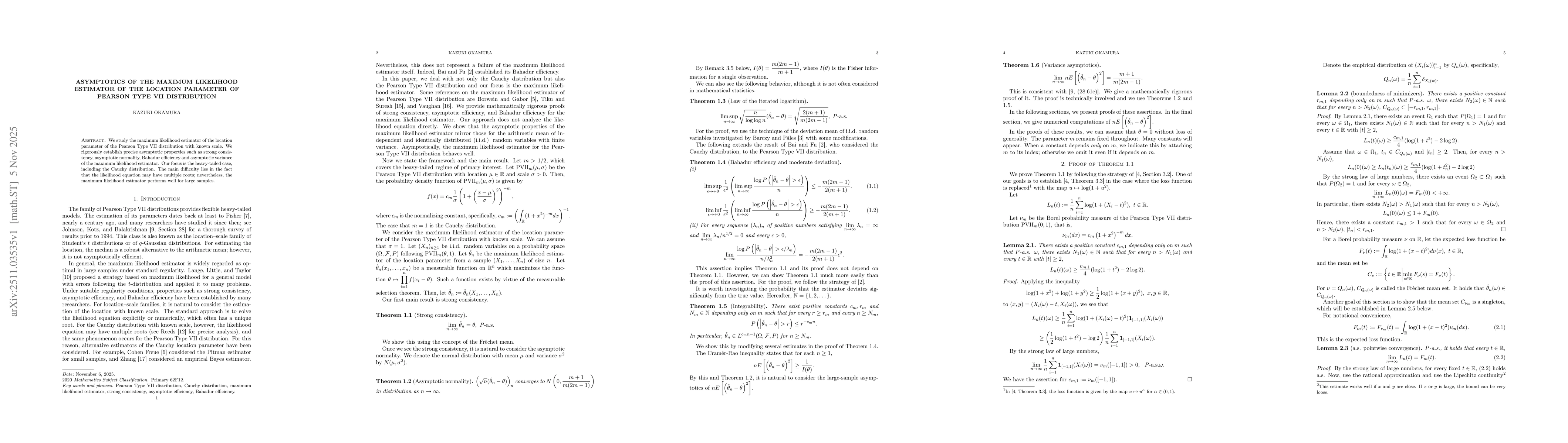 Thumbnail for Asymptotics of the maximum likelihood estimator of the location parameter of Pearson Type VII distribution