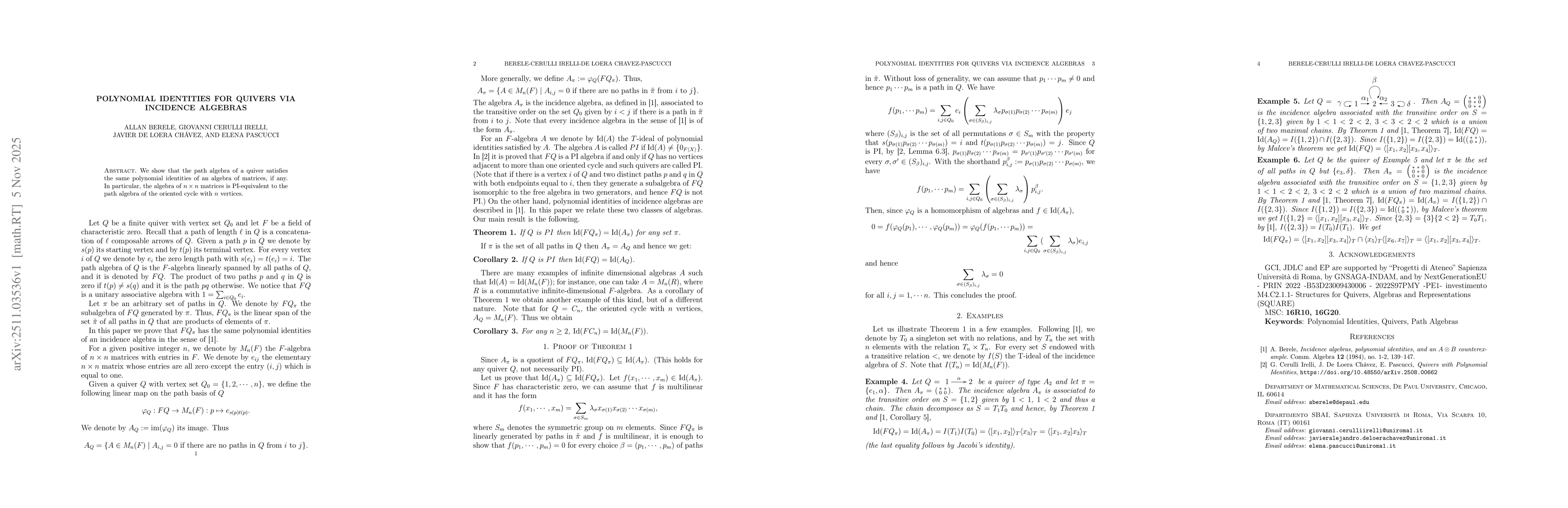 Thumbnail for Polynomial identities for quivers via incidence algebras