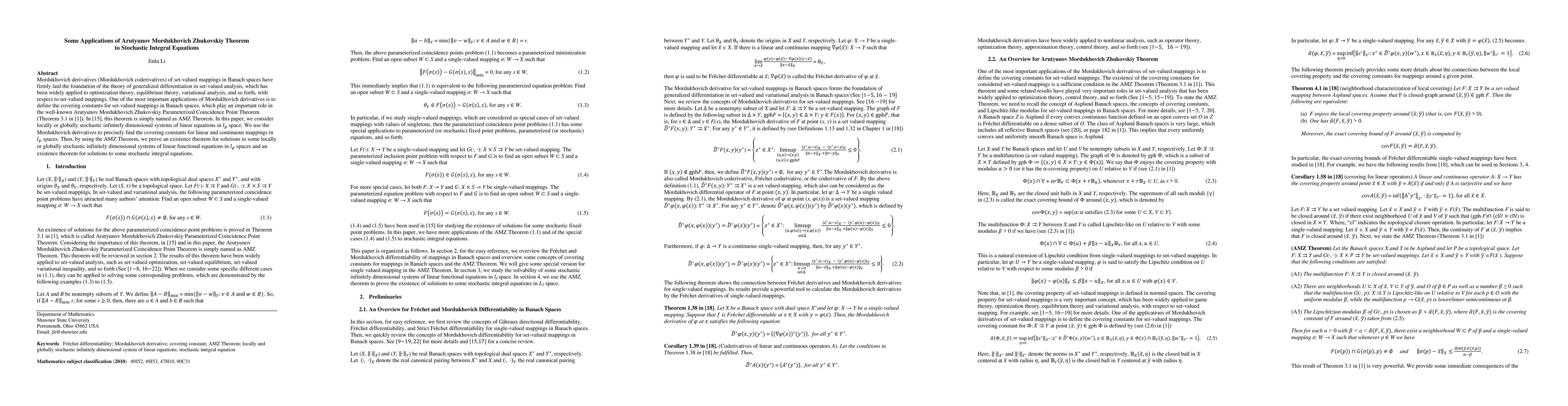 Thumbnail for Some Applications of Arutyunov Mordukhovich Zhukovskiy Theorem to Stochastic Integral Equations
