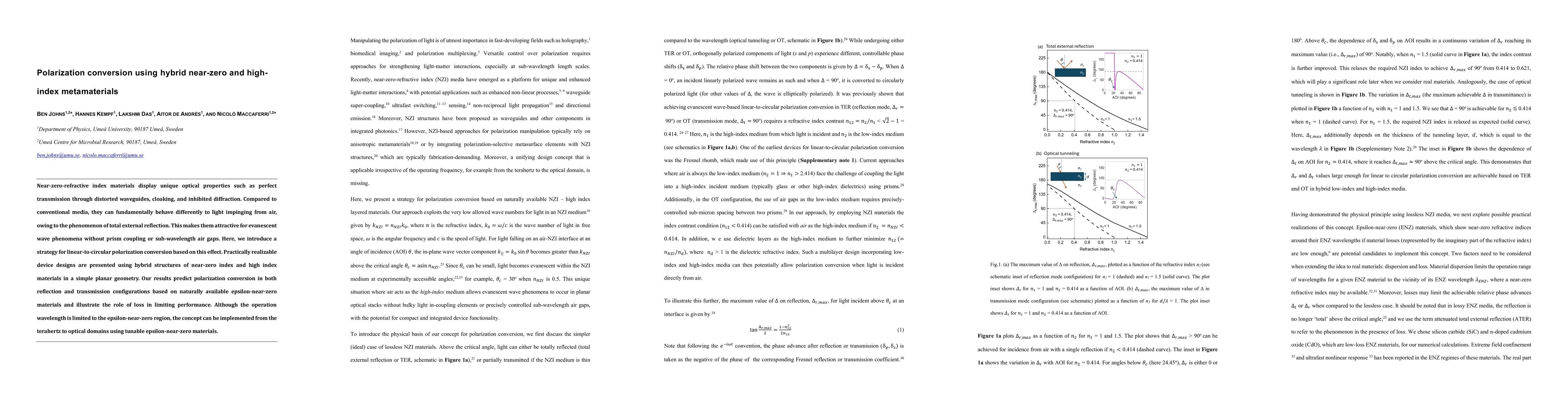 Thumbnail for Polarization conversion using hybrid near-zero and high-index metamaterials