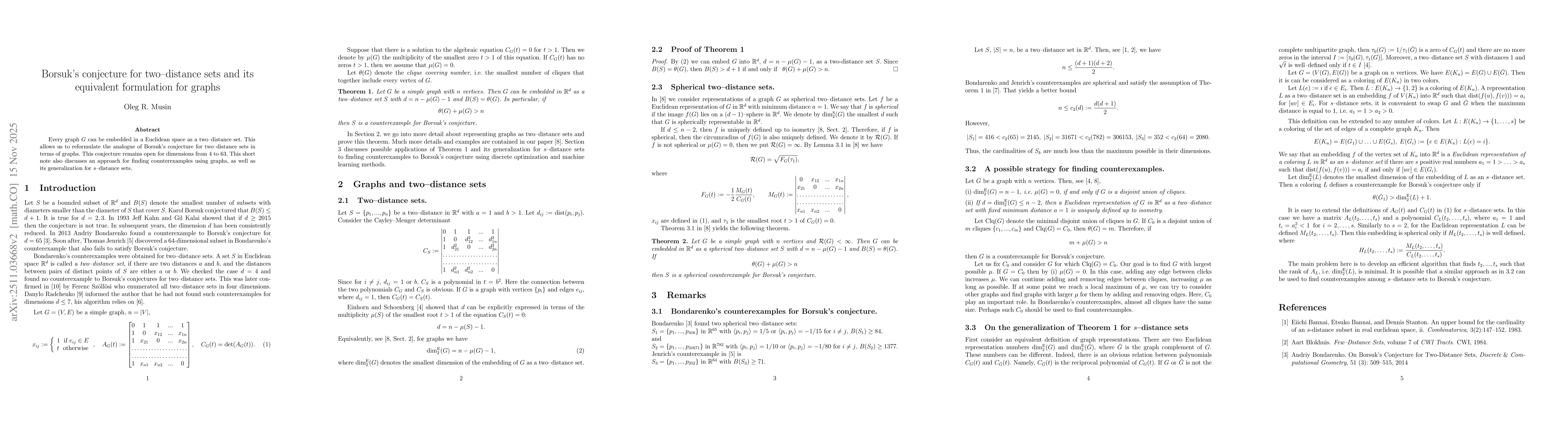Thumbnail for Borsuk's conjecture for two-distance sets and its equivalent formulation for graphs