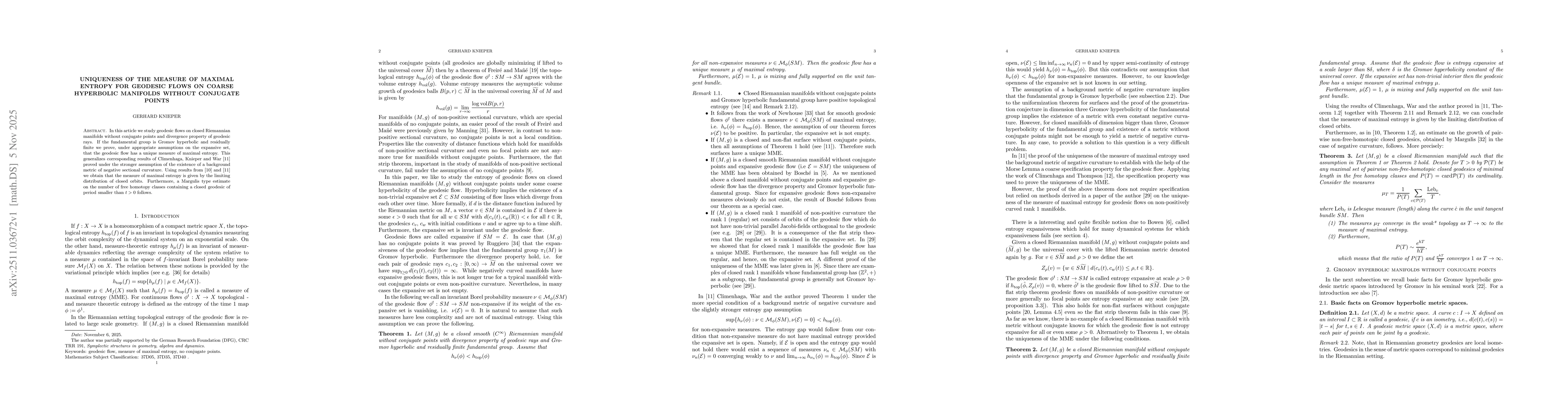 Thumbnail for Uniqueness of the measure of maximal entropy for geodesic flows on coarse hyperbolic manifolds without conjugate points