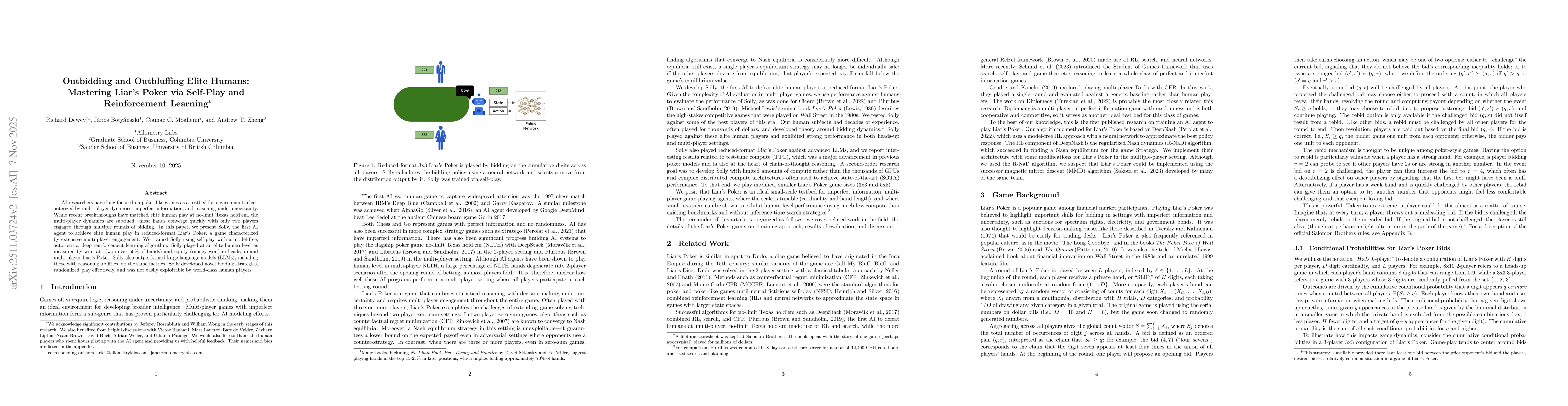 Thumbnail for Outbidding and Outbluffing Elite Humans: Mastering Liar's Poker via Self-Play and Reinforcement Learning