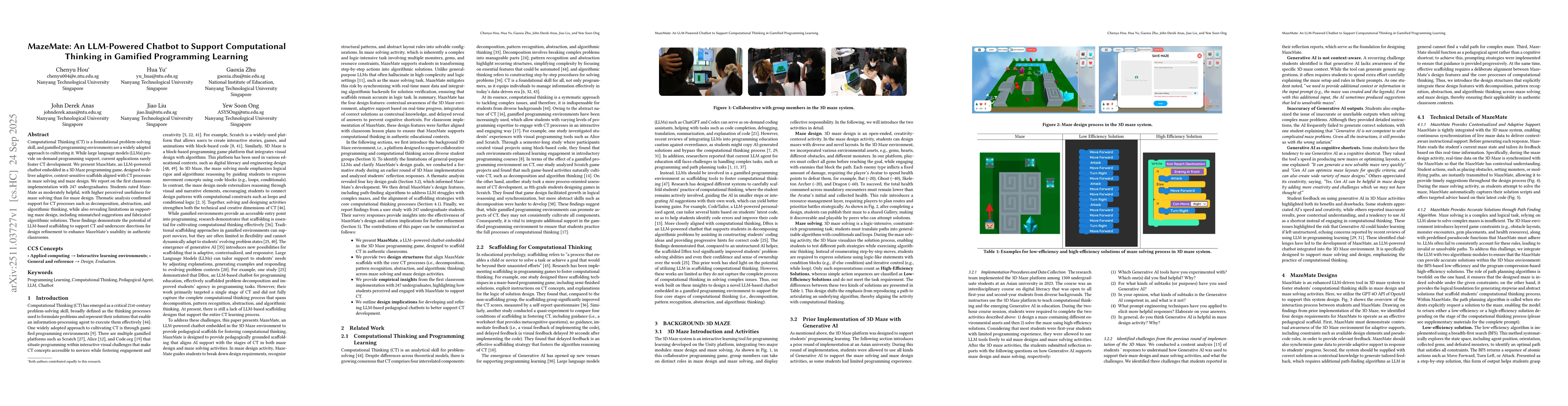 Thumbnail for MazeMate: An LLM-Powered Chatbot to Support Computational Thinking in Gamified Programming Learning