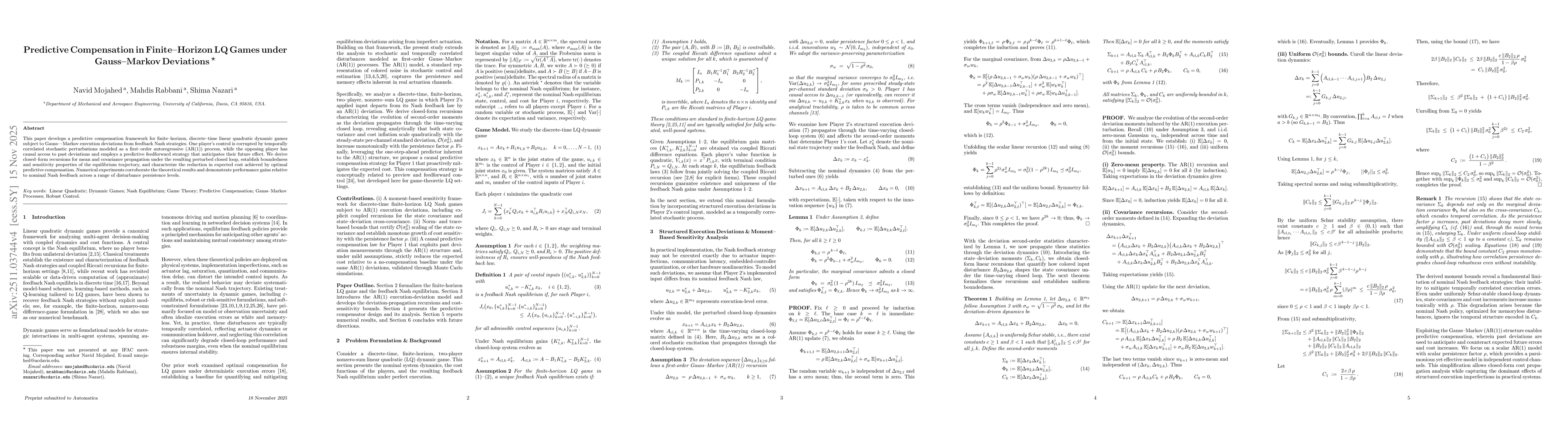 Thumbnail for Predictive Compensation in Finite-Horizon LQ Games under Gauss-Markov Deviations