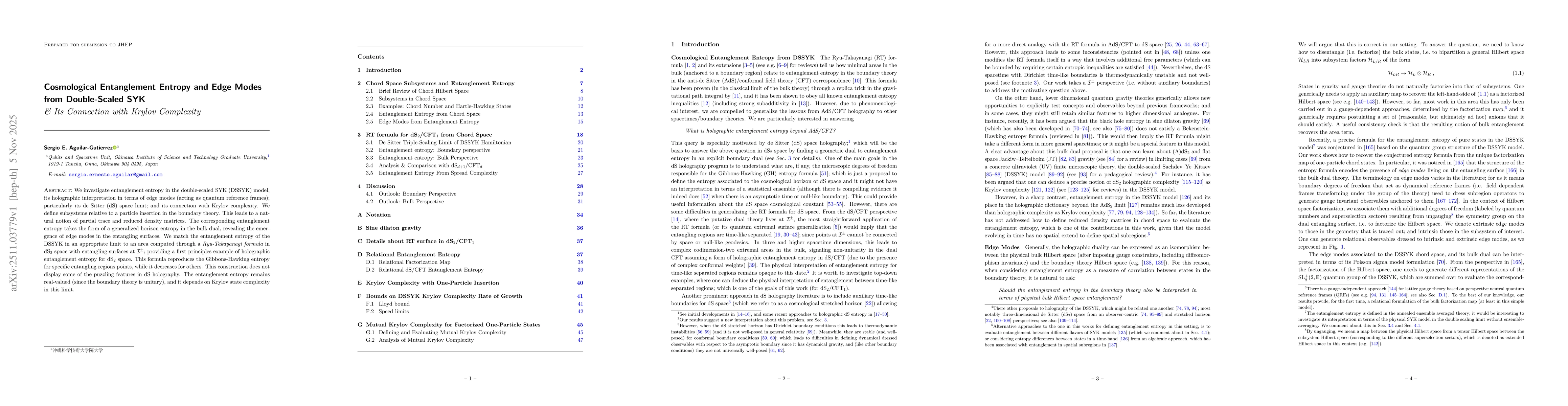 Thumbnail for Cosmological Entanglement Entropy and Edge Modes from Double-Scaled SYK \& Its Connection with Krylov Complexity