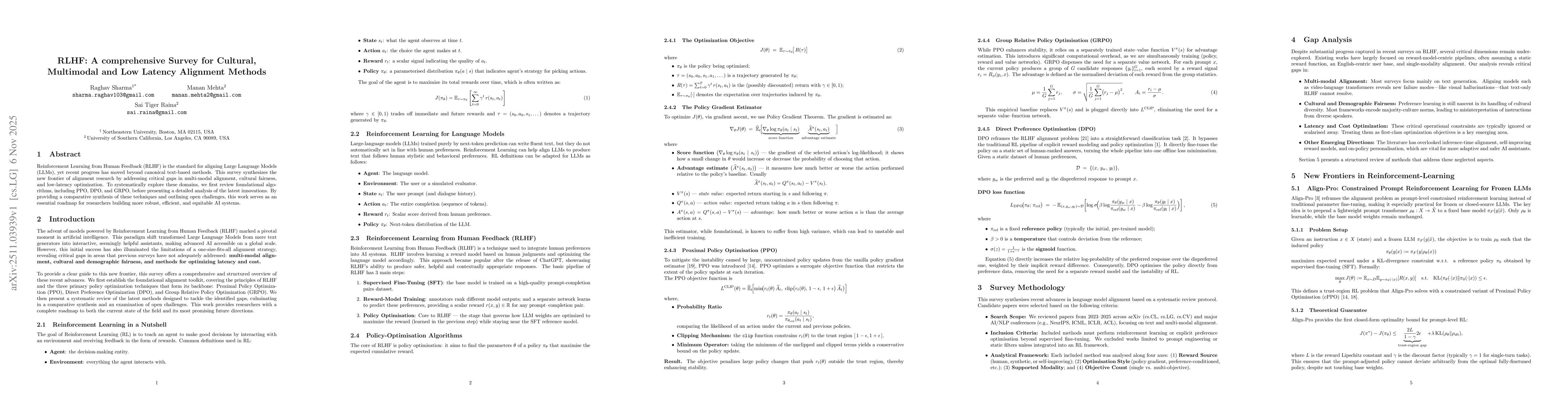 Thumbnail for RLHF: A comprehensive Survey for Cultural, Multimodal and Low Latency Alignment Methods