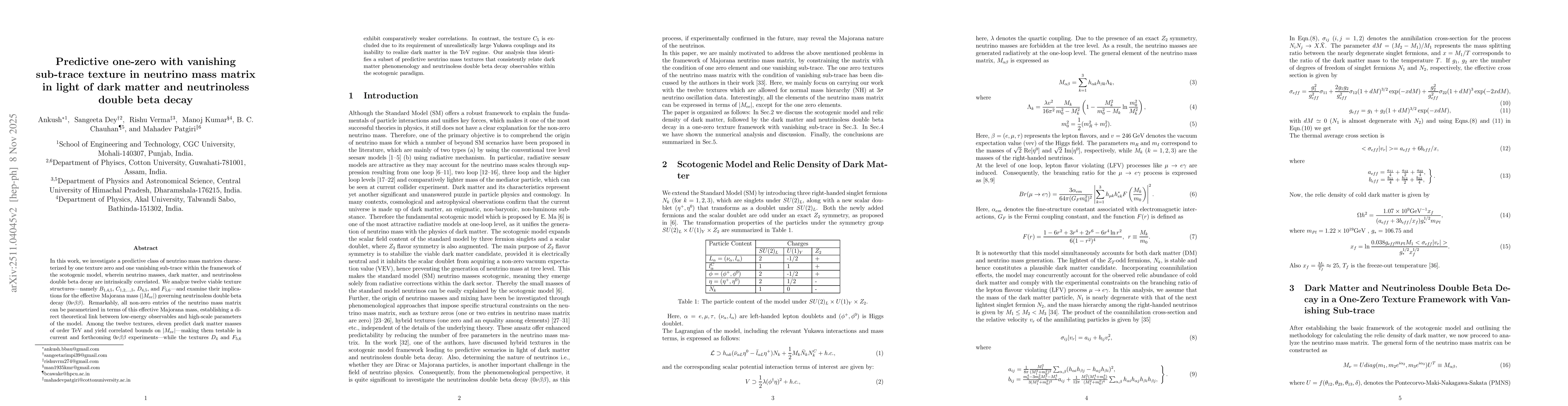 Thumbnail for Predictive one-zero with vanishing sub-trace texture in neutrino mass matrix in light of dark matter and neutrinoless double beta decay