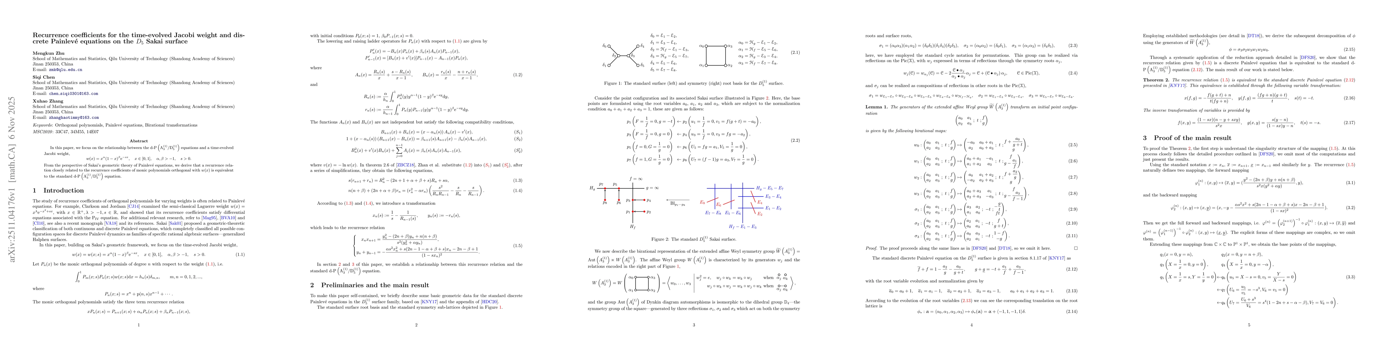 Thumbnail for Recurrence coefficients for the time-evolved Jacobi weight and discrete Painlevé equations on the $D_{5}$ Sakai surface