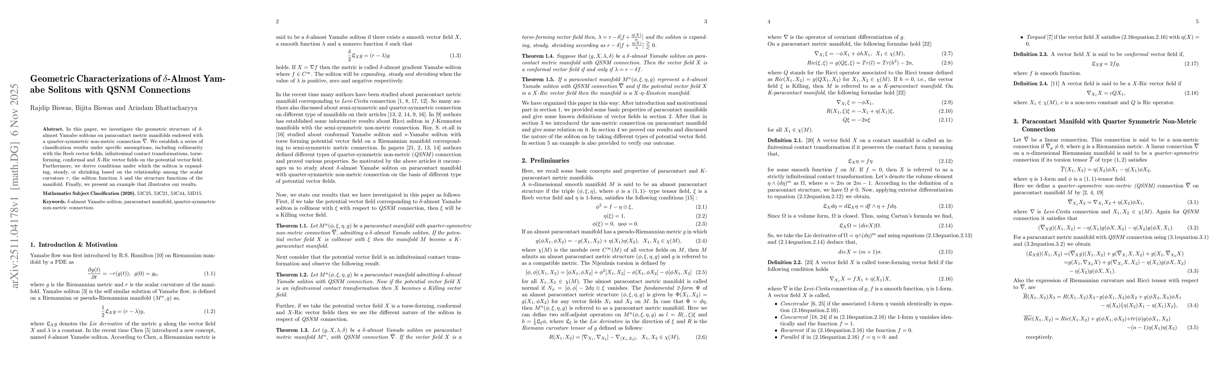 Thumbnail for Geometric Characterizations of δ-Almost Yam- abe Solitons with QSNM Connections