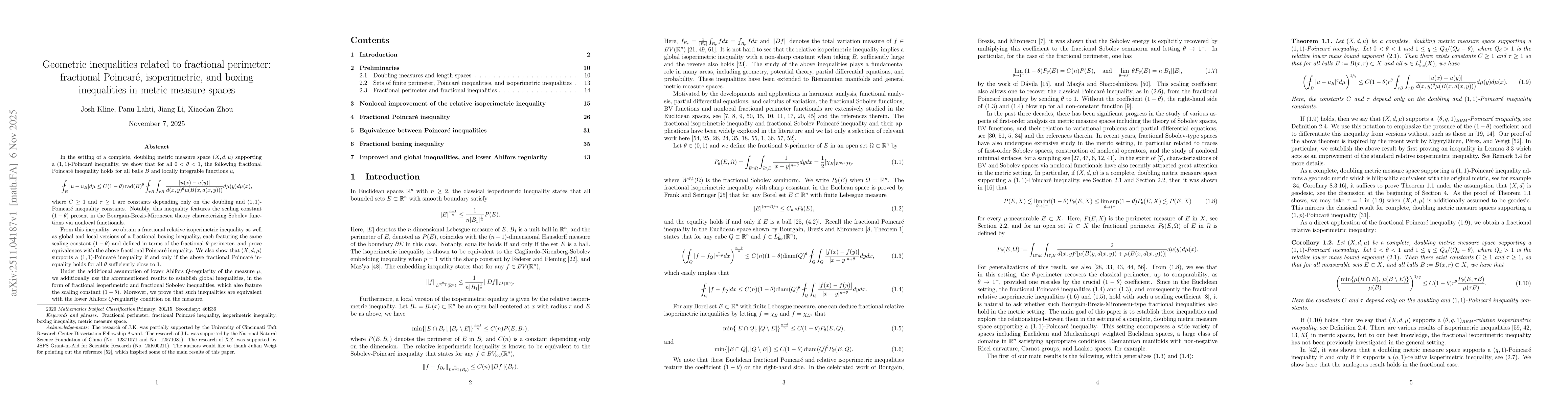 Thumbnail for Geometric inequalities related to fractional perimeter: fractional Poincaré, isoperimetric, and boxing inequalities in metric measure spaces