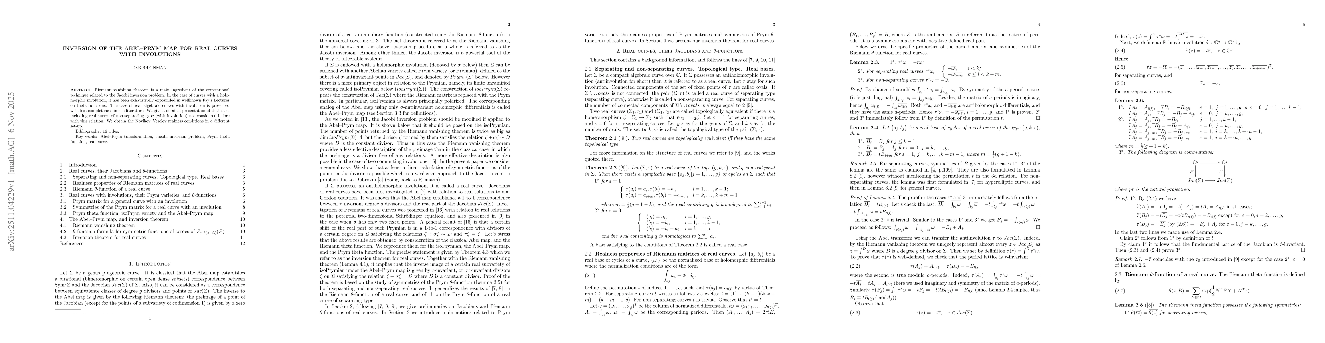 Thumbnail for Inversion of the Abel--Prym map for real curves with involutions
