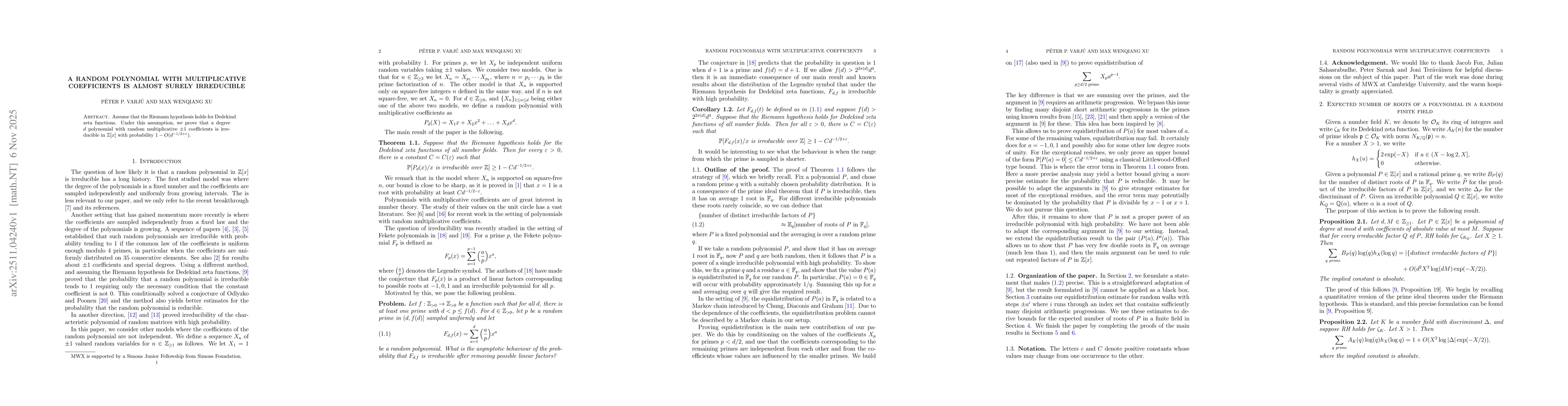 Thumbnail for A random polynomial with multiplicative coefficients is almost surely irreducible