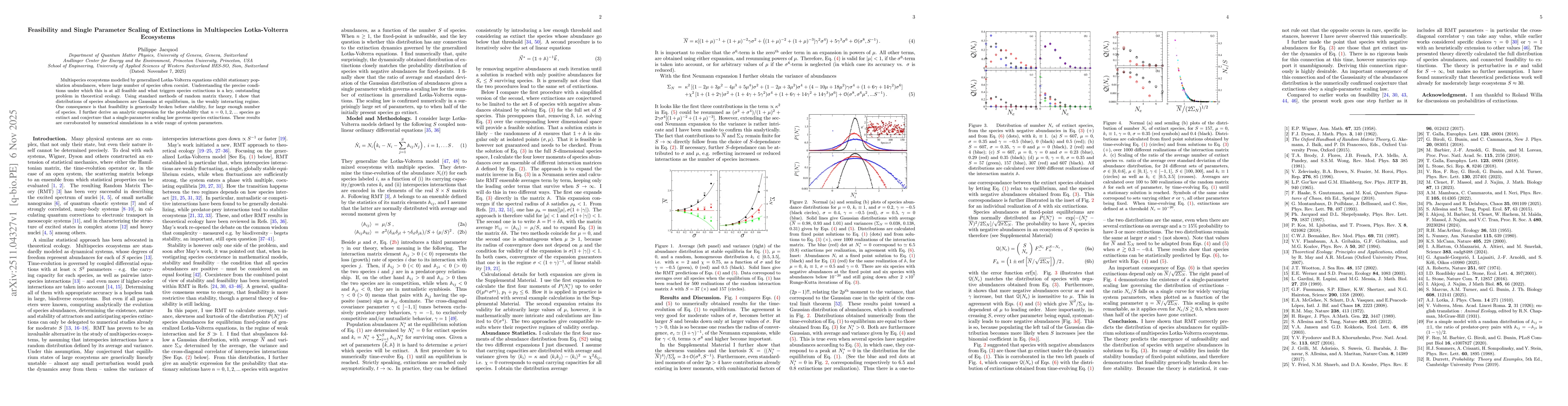 Thumbnail for Feasibility and Single Parameter Scaling of Extinctions in Multispecies Lotka-Volterra Ecosystems