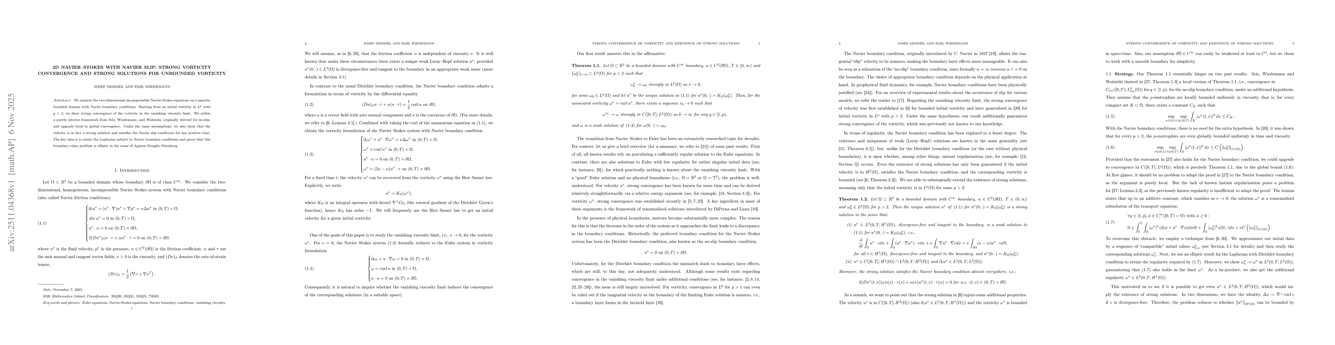 Thumbnail for 2D Navier-Stokes with Navier Slip: Strong Vorticity Convergence and Strong Solutions for Unbounded Vorticity