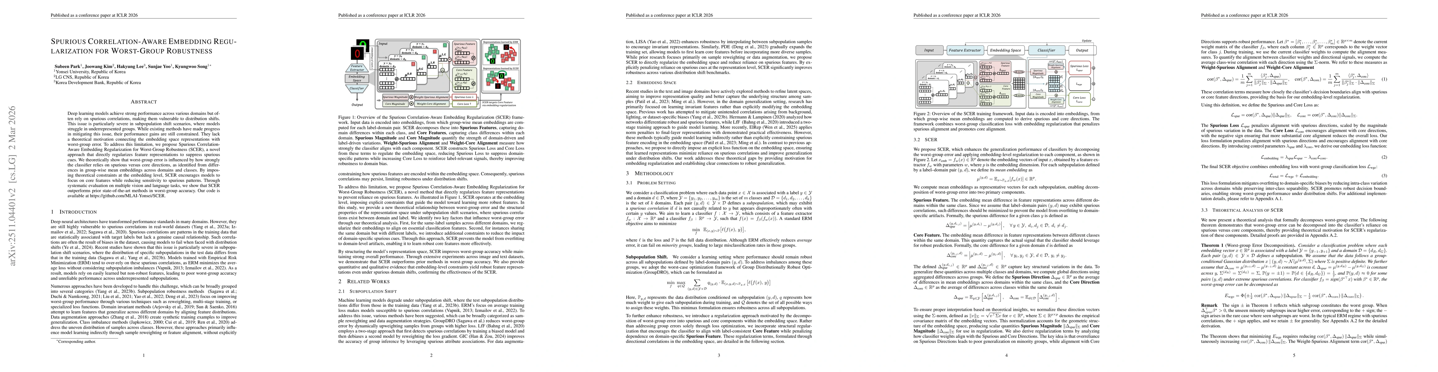 Thumbnail for Spurious Correlation-Aware Embedding Regularization for Worst-Group Robustness