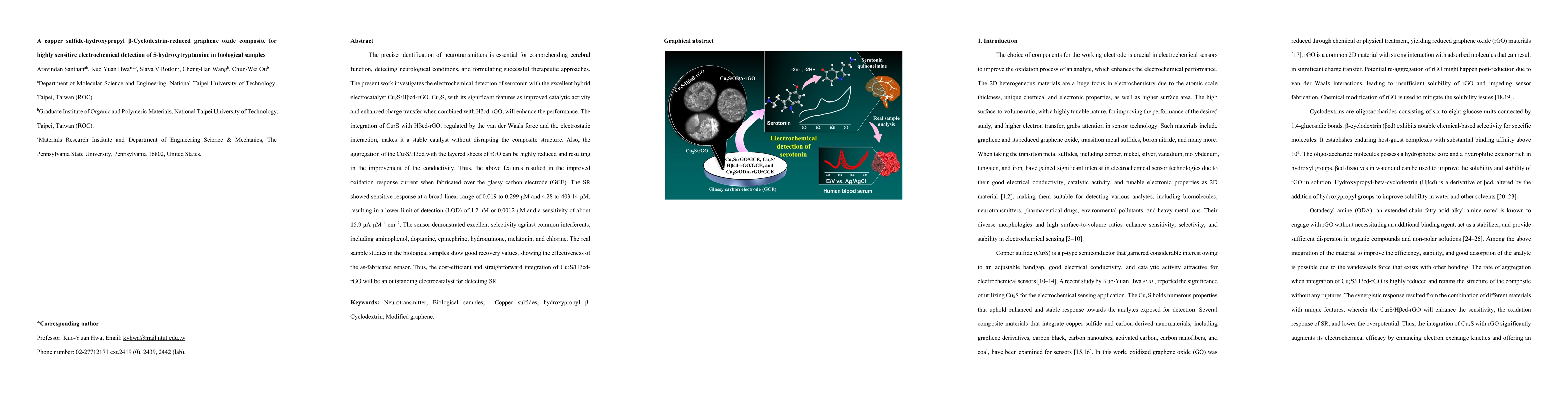Thumbnail for A copper sulfide-hydroxypropyl $β$-Cyclodextrin-reduced graphene oxide composite for highly sensitive electrochemical detection of 5-hydroxytryptamine in biological samples