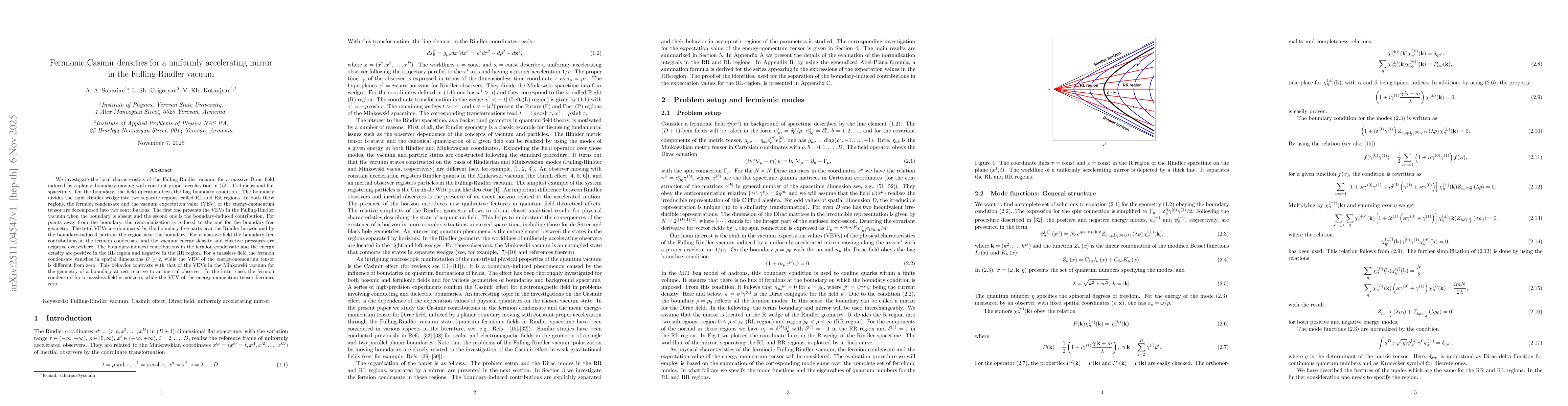 Thumbnail for Fermionic Casimir densities for a uniformly accelerating mirror in the Fulling-Rindler vacuum