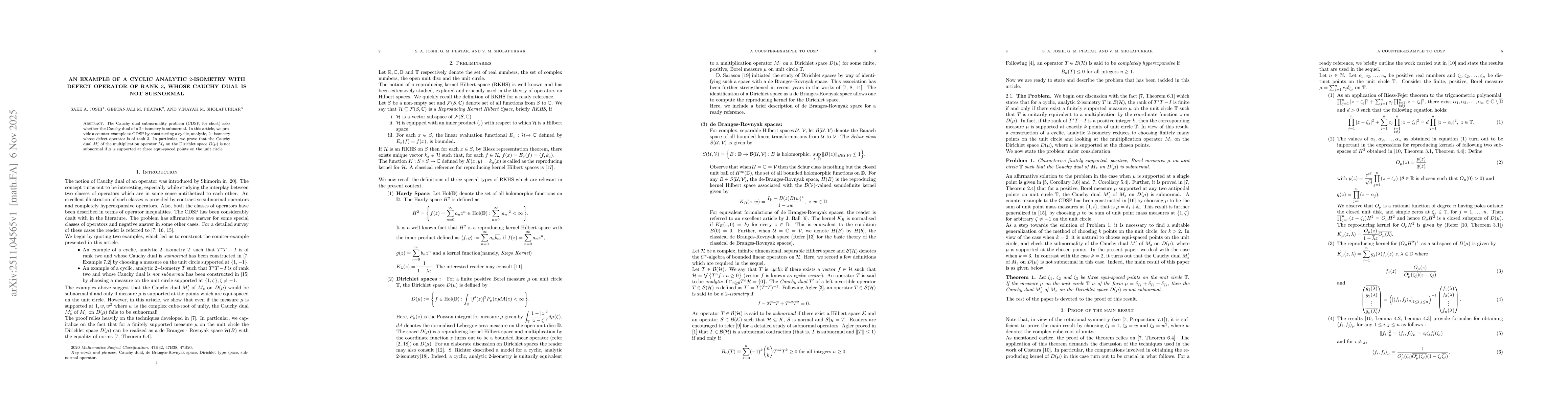 Thumbnail for An example of a cyclic analytic $2$-isometry with defect operator of rank $3$, whose Cauchy dual is not subnormal