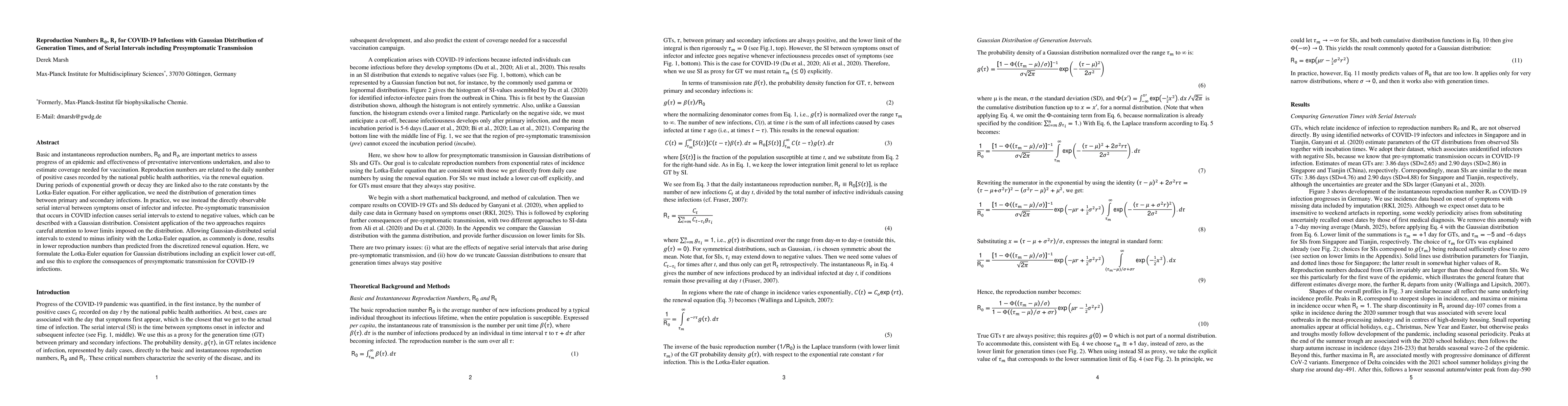 Thumbnail for Reproduction Numbers R_0, R_t for COVID-19 Infections with Gaussian Distribution of Generation Times, and of Serial Intervals including Presymptomatic Transmission