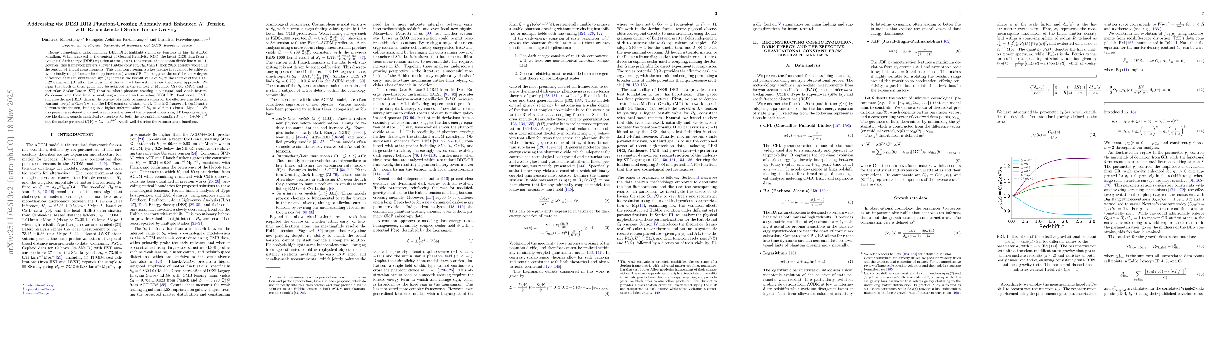 Thumbnail for Addressing the DESI DR2 Phantom-Crossing Anomaly and Enhanced $H_0$ Tension with Reconstructed Scalar-Tensor Gravity