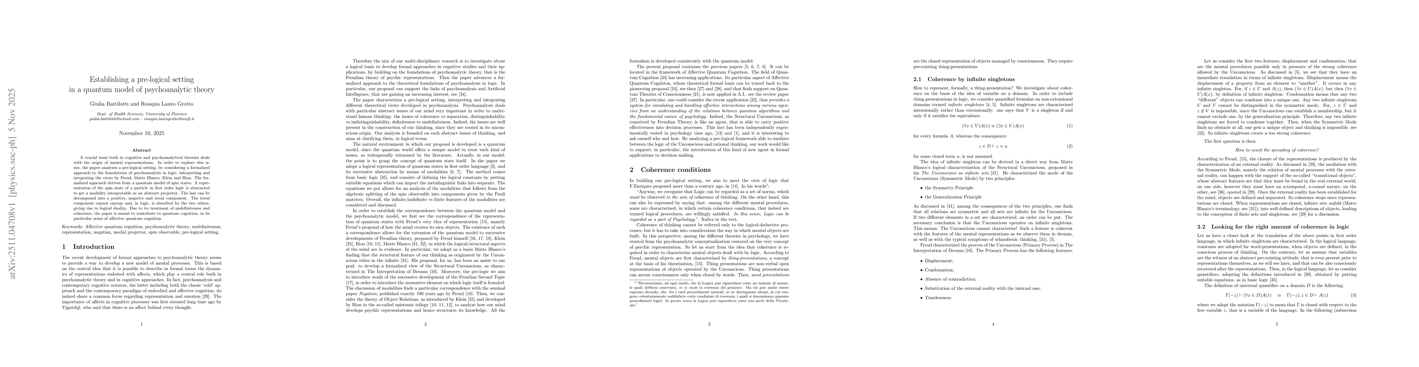 Thumbnail for Establishing a pre-logical setting in a quantum model of psycho-analytic theory