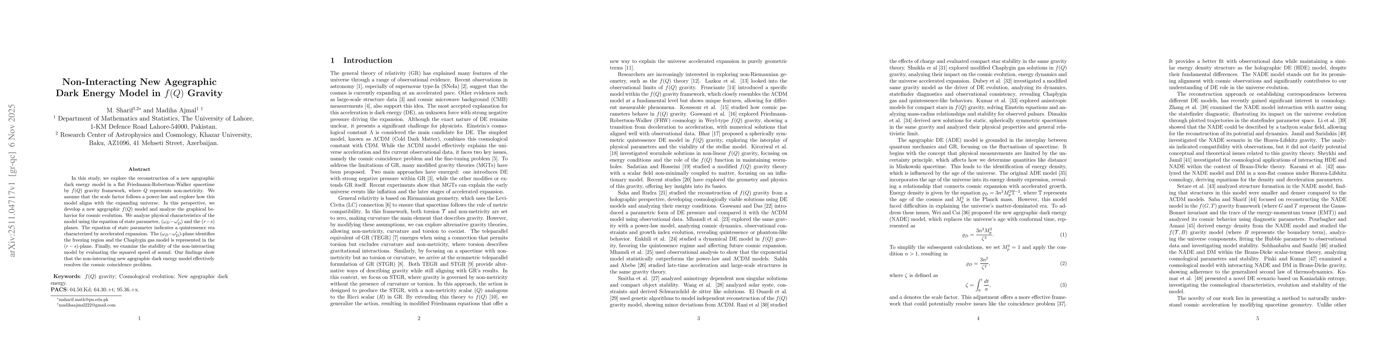 Thumbnail for Non-Interacting New Agegraphic Dark Energy Model in $f(Q)$ Gravity