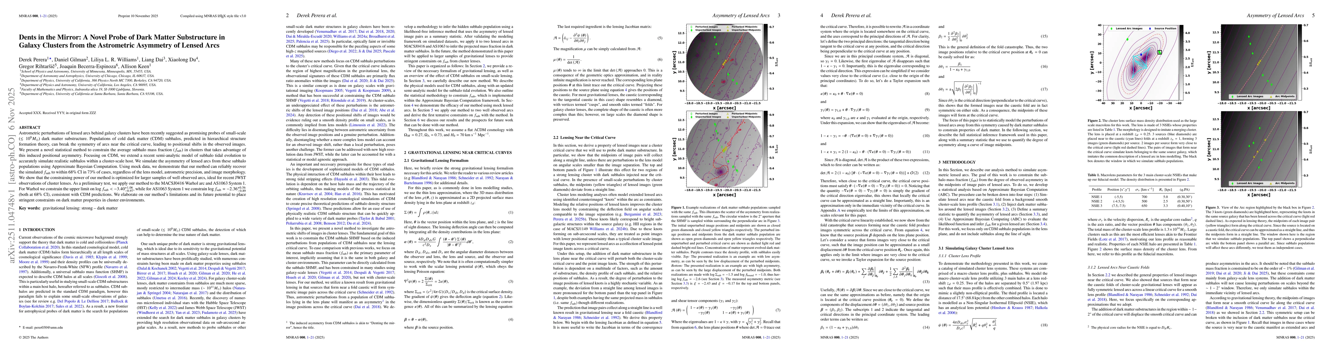 Thumbnail for Dents in the Mirror: A Novel Probe of Dark Matter Substructure in Galaxy Clusters from the Astrometric Asymmetry of Lensed Arcs