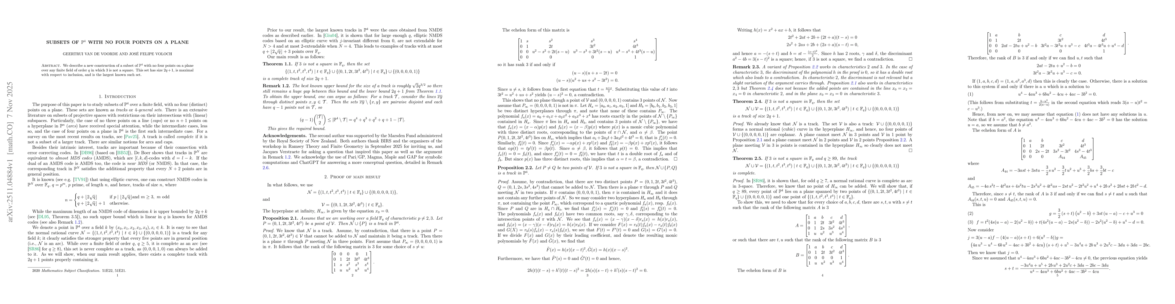 Thumbnail for Subsets of P^4 with no four points on a plane