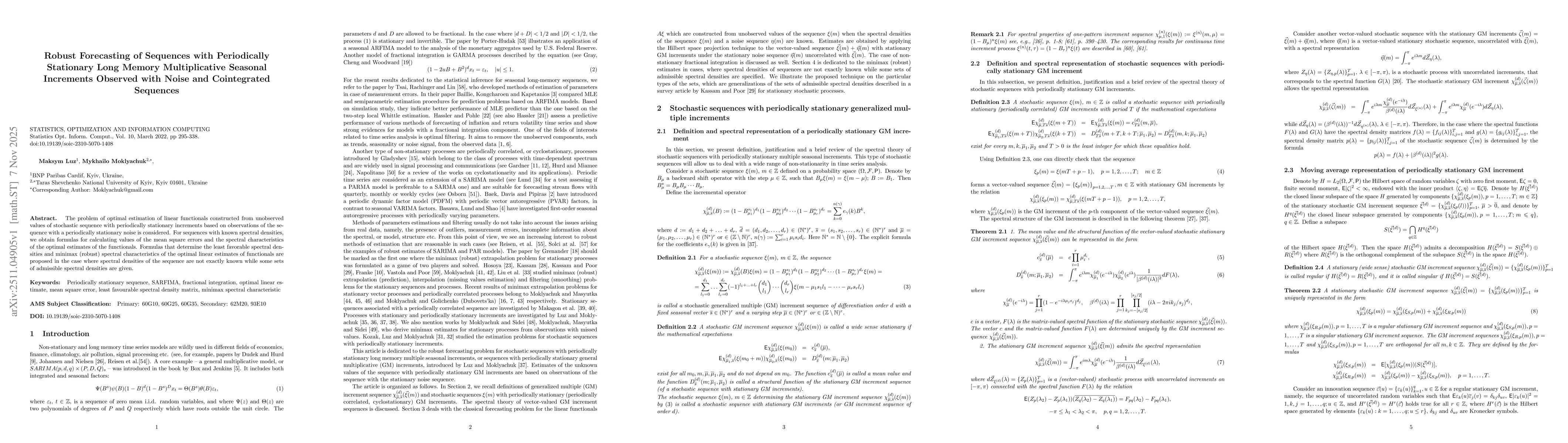 Thumbnail for Robust Forecasting of Sequences with Periodically Stationary Long Memory Multiplicative Seasonal Increments Observed with Noise and Cointegrated Sequences