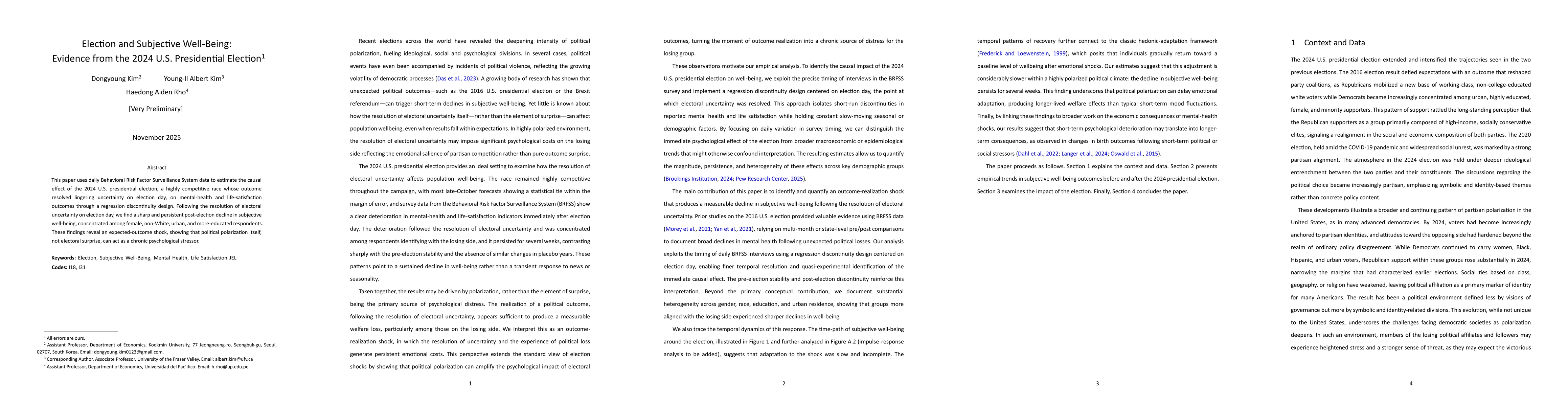 Thumbnail for Election and Subjective Well-Being:Evidence from the 2024 U.S. Presidential Election