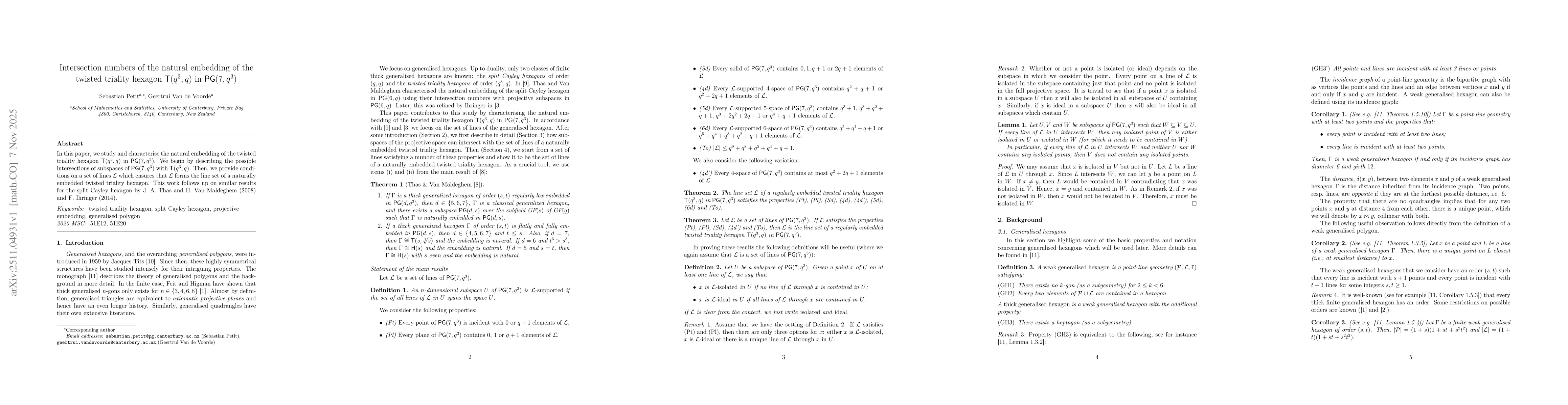 Thumbnail for Intersection numbers of the natural embedding of the twisted triality hexagon T(q^3,q) in PG(7,q^3)