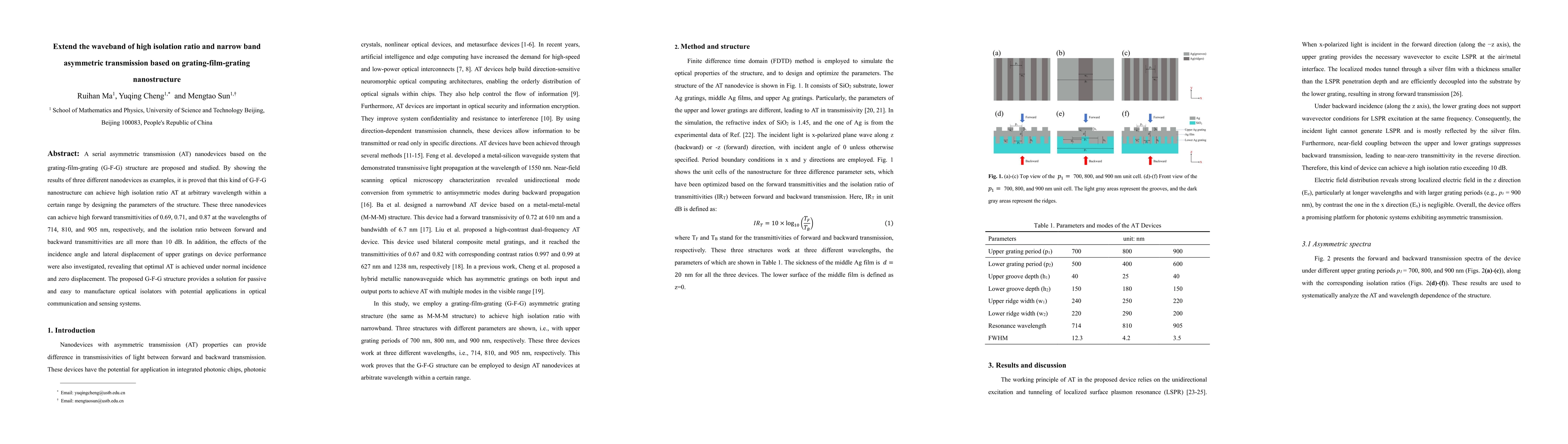 Thumbnail for Extend the waveband of high isolation ratio and narrow band asymmetric transmission based on grating-film-grating nanostructure