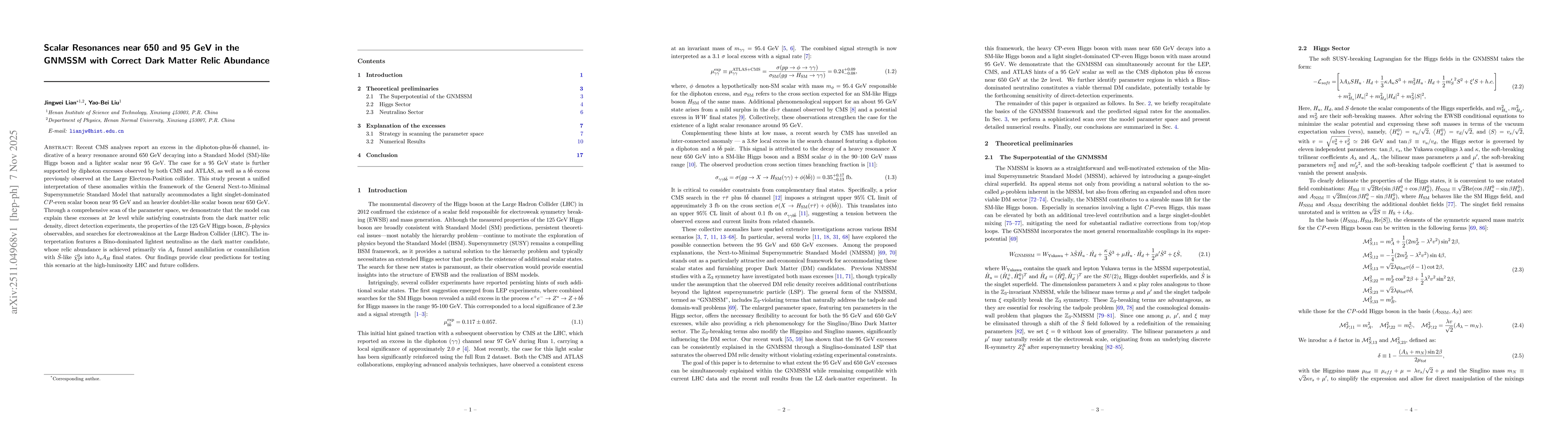 Thumbnail for Scalar Resonances near 650 and 95 GeV in the GNMSSM with Correct Dark Matter Relic Abundance