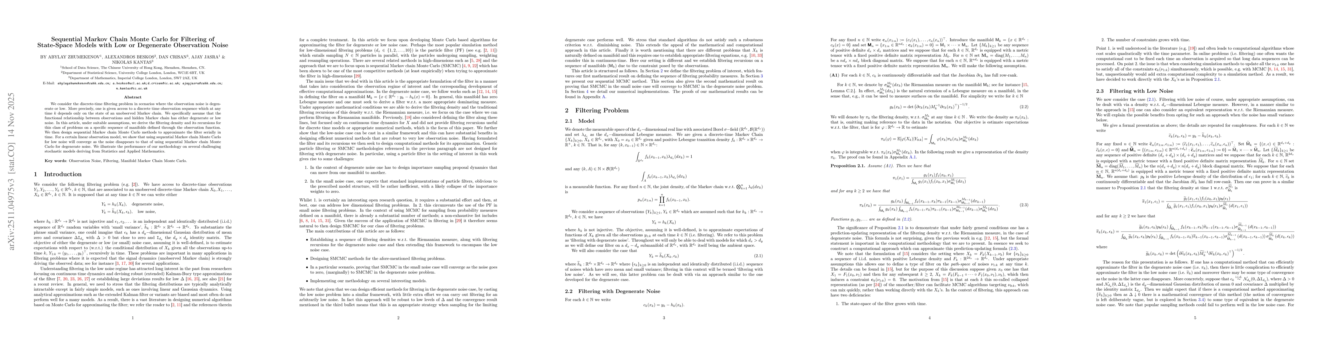 Thumbnail for Sequential Markov Chain Monte Carlo for Filtering of State-Space Models with Low or Degenerate Observation Noise