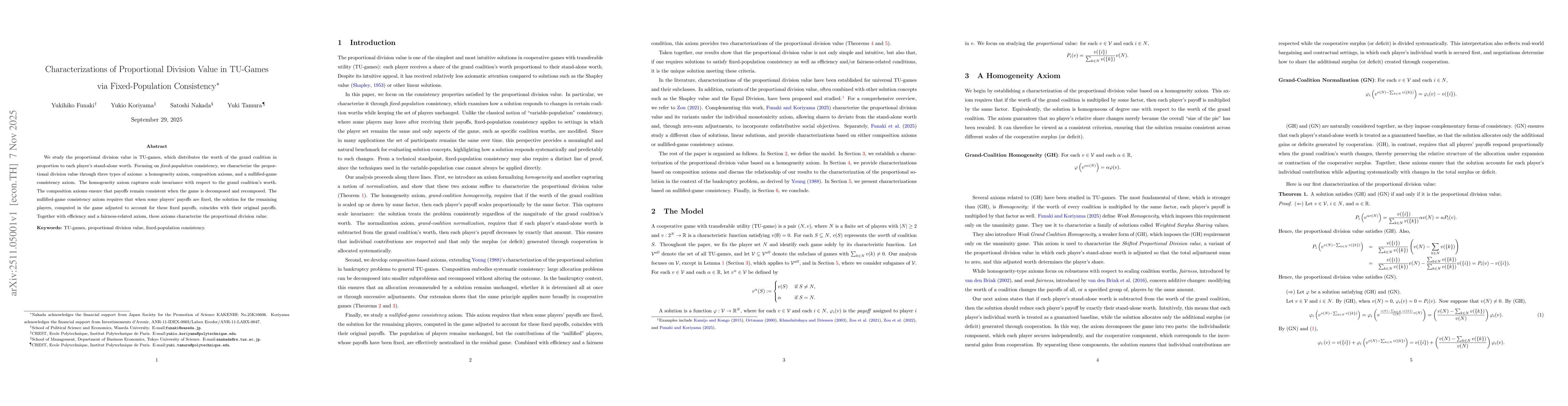Thumbnail for Characterizations of Proportional Division Value in TU-Games via Fixed-Population Consistency