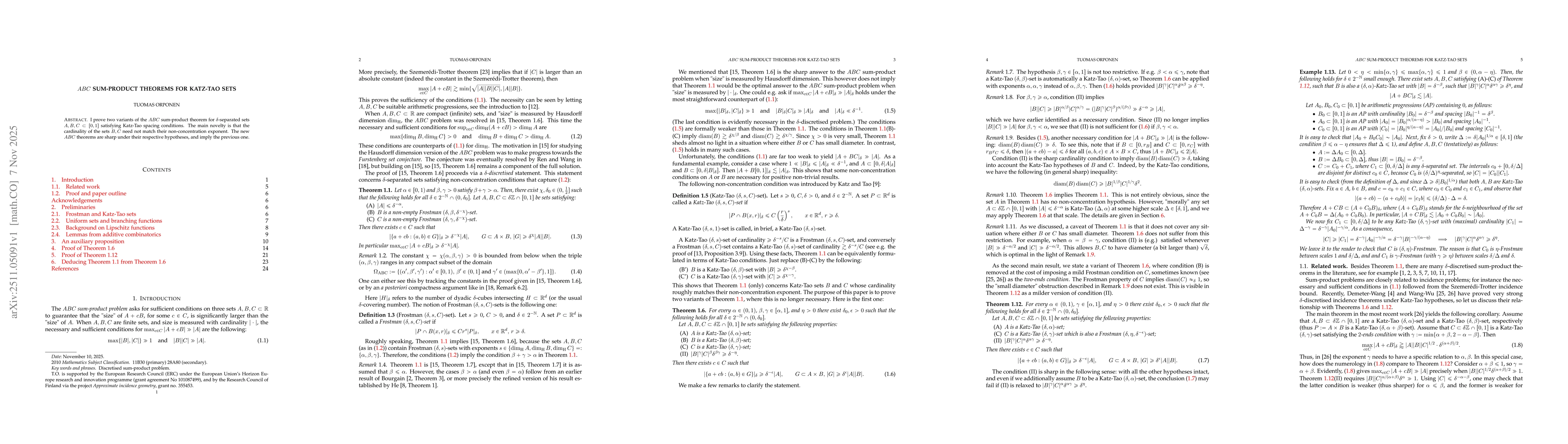 Thumbnail for $ABC$ sum-product theorems for Katz-Tao sets
