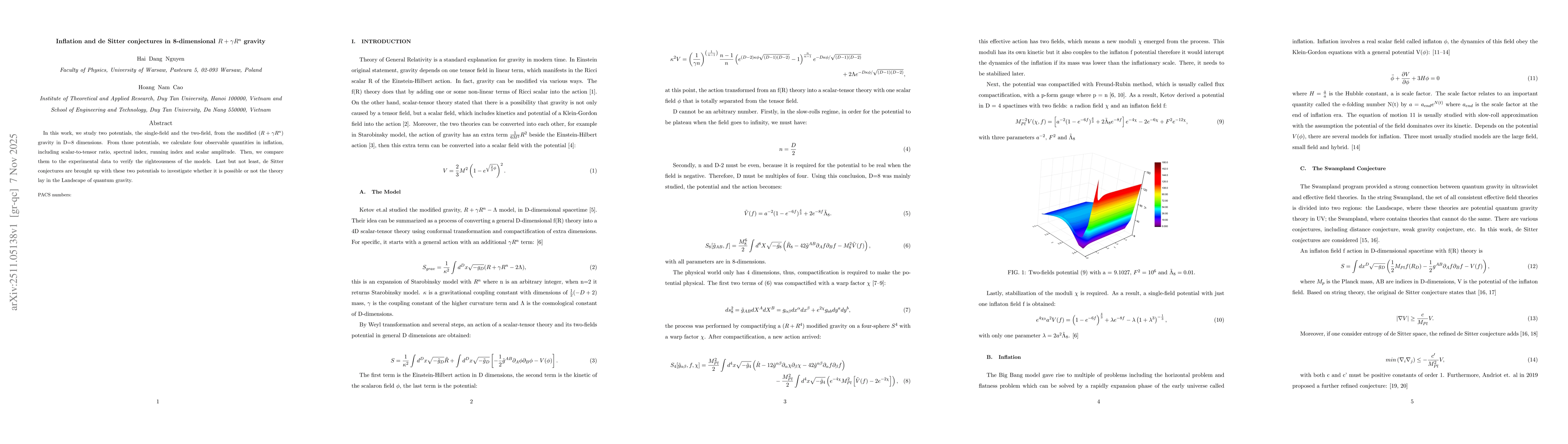 Thumbnail for Inflation and de Sitter conjectures in 8-dimensional $R+γR^n$ Gravity