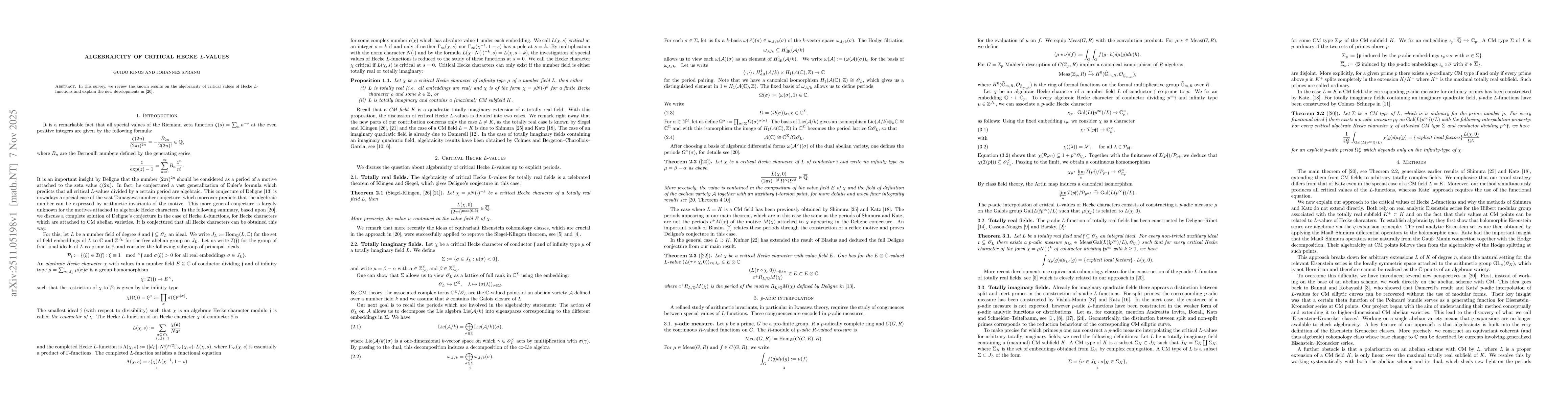 Thumbnail for Algebraicity of critical Hecke $L$-values