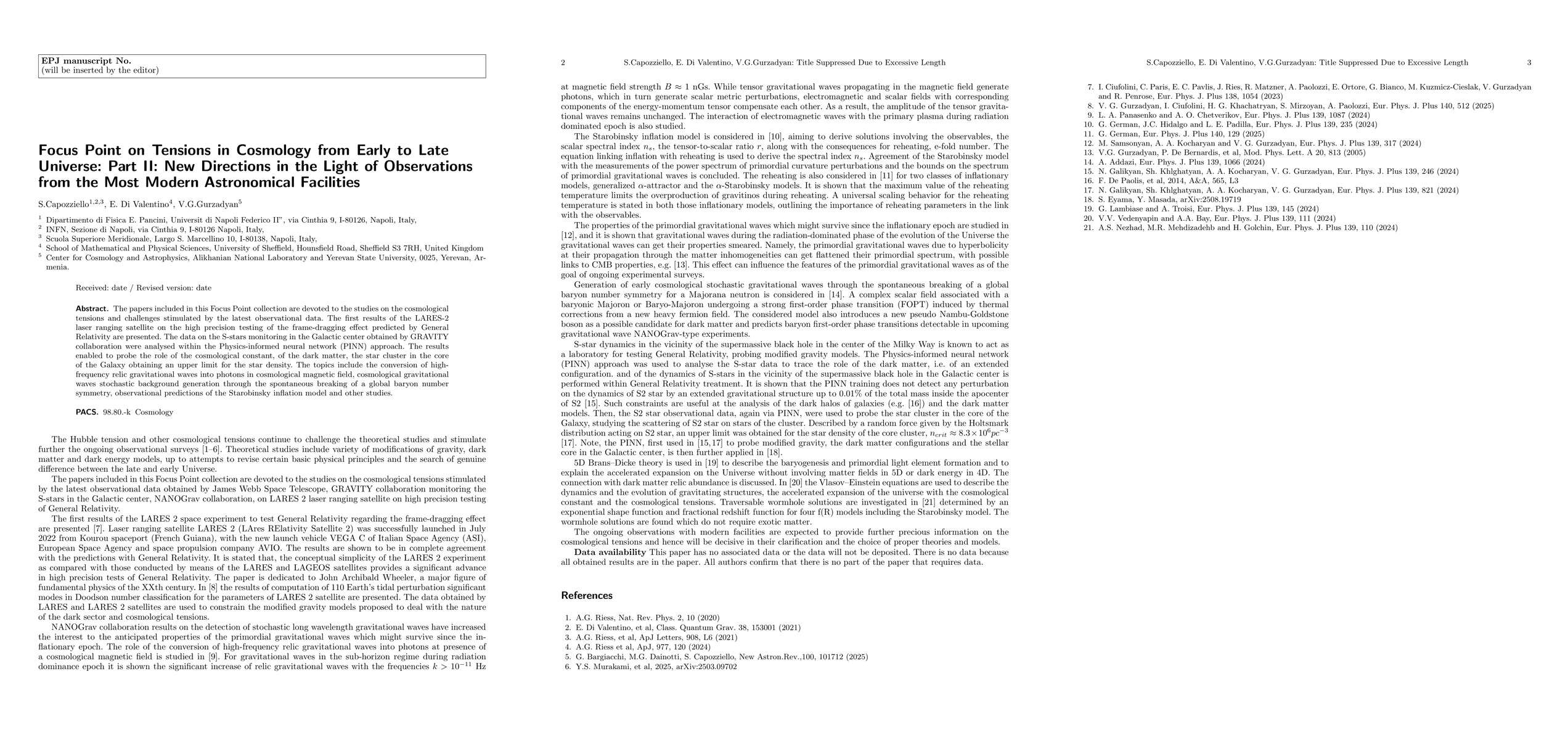 Thumbnail for Focus Point on Tensions in Cosmology from Early to Late Universe: Part II: New Directions in the Light of Observations from the Most Modern Astronomical Facilities